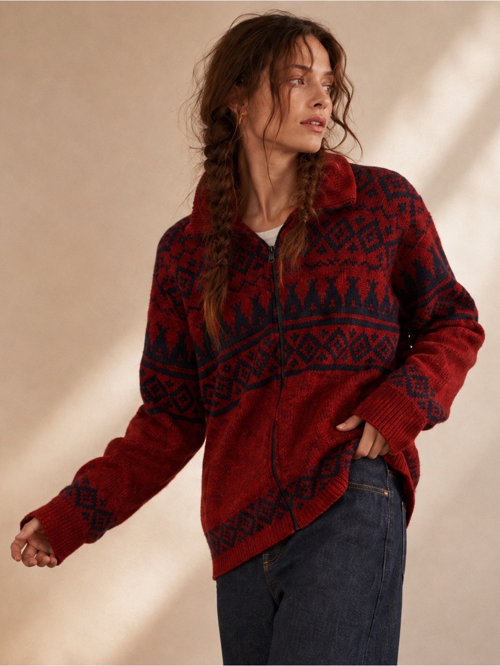 L.L. Bean Vintage 90’s Fair Isle Print Full Zip Wool High Neck Sweater Large